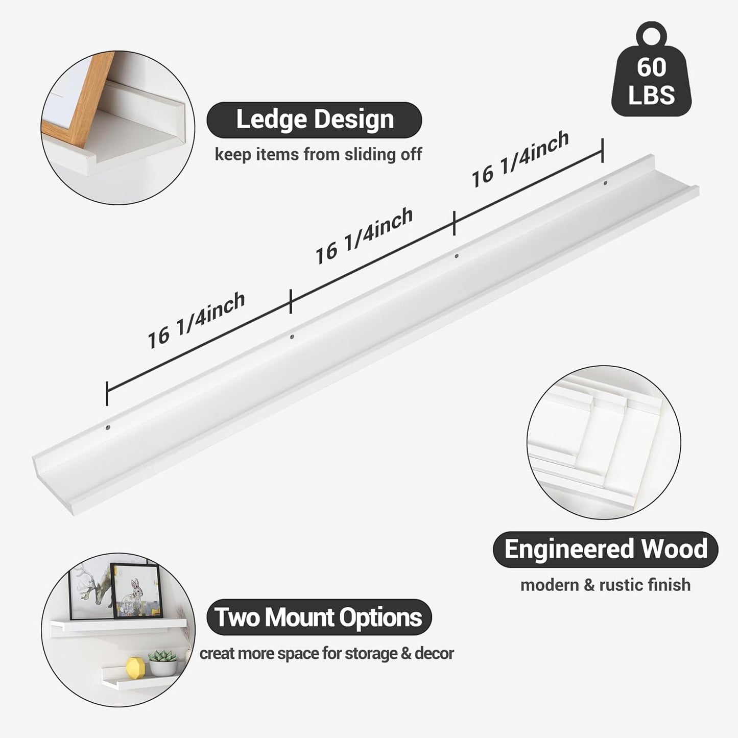 ShelfLoft 5.7"D x 2"H White Picture Ledge Shelf Floating Shelves with Lip, Set of 3