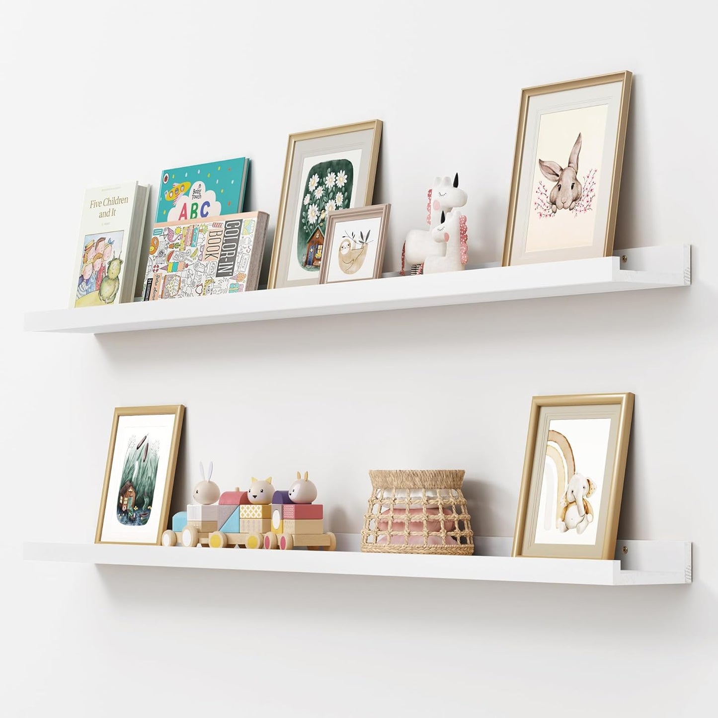 ShelfLoft 5.5"D x 2"H White Pine Wood Picture Ledge Shelf Nursery Bookshelf for Kids' Room, 2 Pack