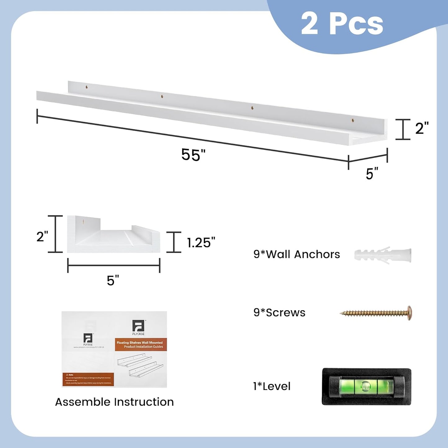 ShelfLoft 56" Wide x 5" Deep Pine Wood Picture Ledge Shelf Wall Shelves with Lip, 2 Pack