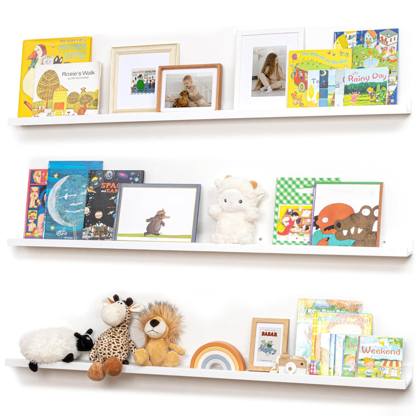 ShelfLoft 5.5"D x 2"H White Pine Wood Picture Ledge Shelf Nursery Bookshelf for Kids' Room, 2 Pack