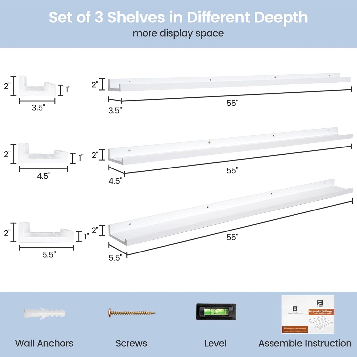 ShelfLoft 5.5"D x 2"H White Pine Wood Picture Ledge Shelf Nursery Bookshelf for Kids' Room, 2 Pack