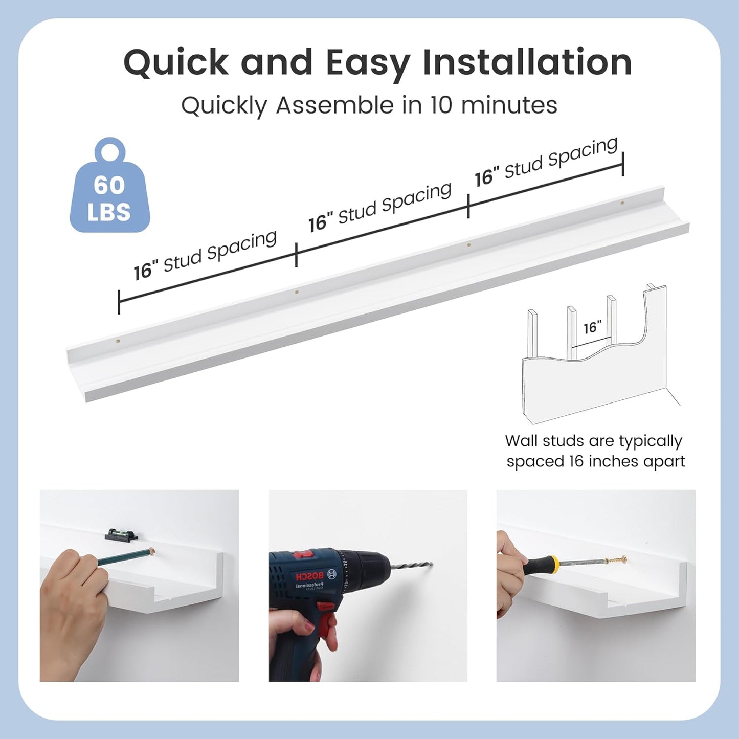 ShelfLoft 5.5"D x 2"H White Pine Wood Picture Ledge Shelf Nursery Bookshelf for Kids' Room, 2 Pack