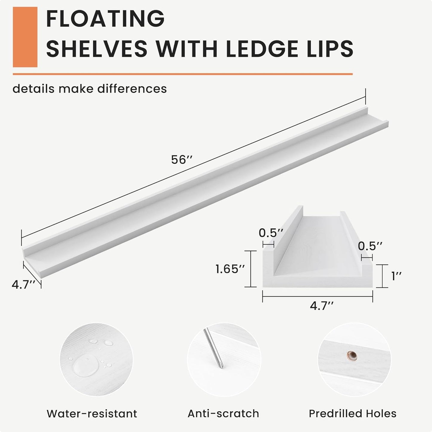 ShelfLoft 4.7"D x 1.65"H White Solid Ash Wood Picture Ledge Floating Shelves, Set of 2