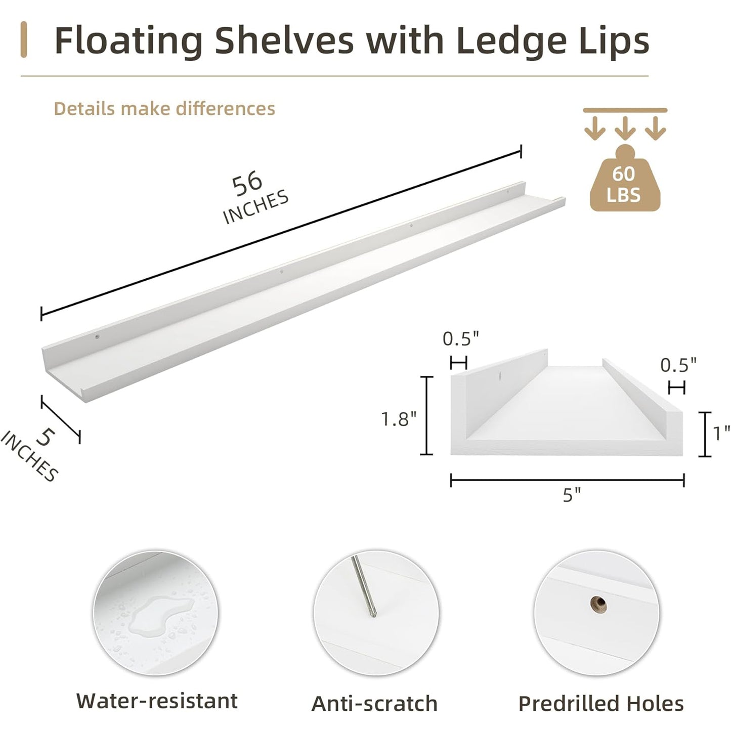 ShelfLoft 56" Wide x 5" Deep Picture Ledge Shelf Wood Floating Shelves,2 Pack