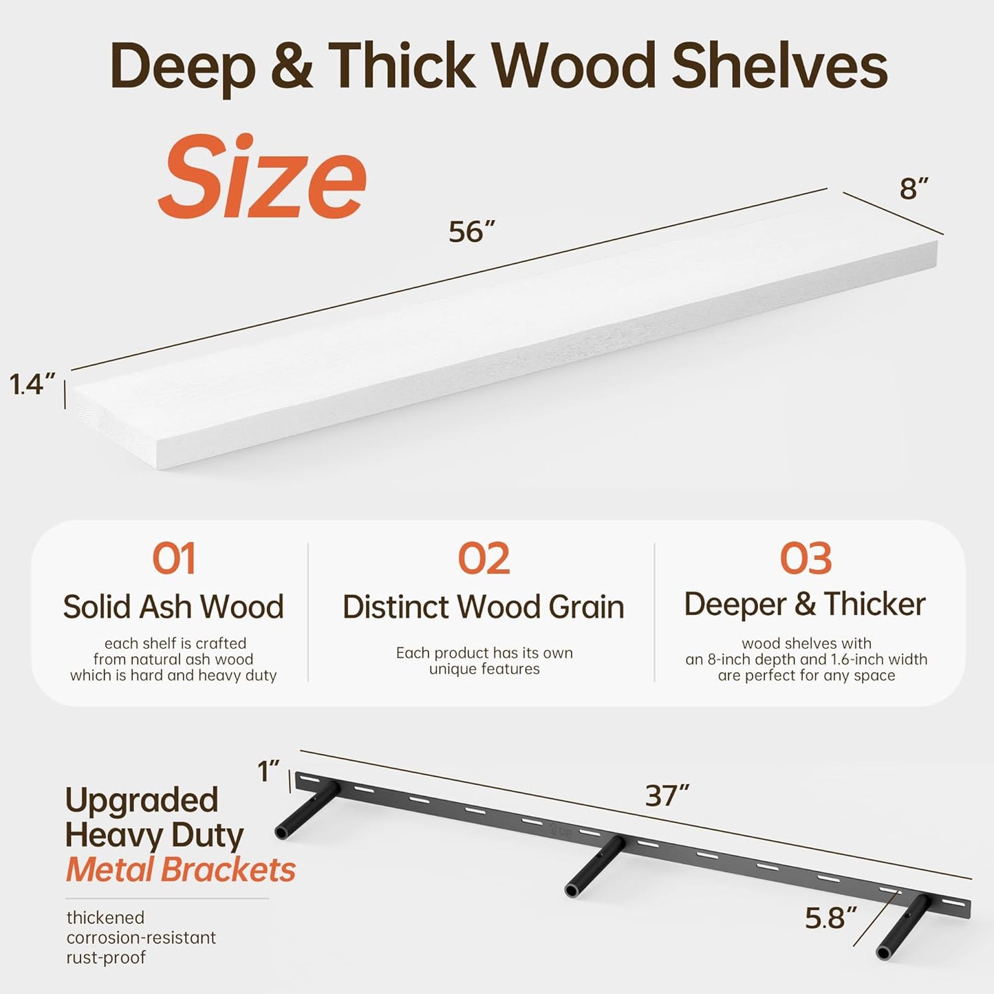 ShelfLoft 56" Wide x 8" Deep Solid Ash Wood Floating Shelves,1 Pack