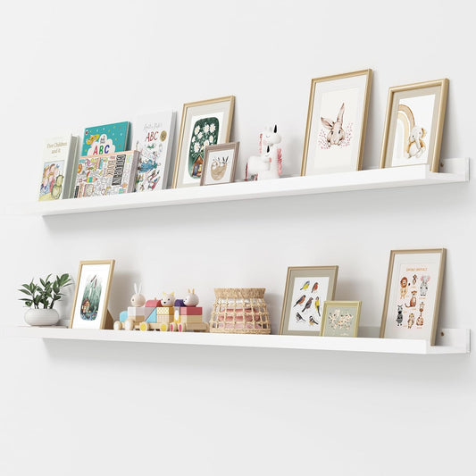 ShelfLoft 72"W x 5"D White Pine Wood Picture Ledge Shelf Nursery Bookshelf for Kids' Room, 2 Pack