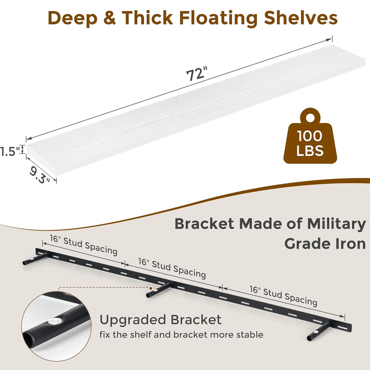 ShelfLoft 72" Wide x 9.3" Deep Floating Shelves for Wall Storage,White-1 Pack