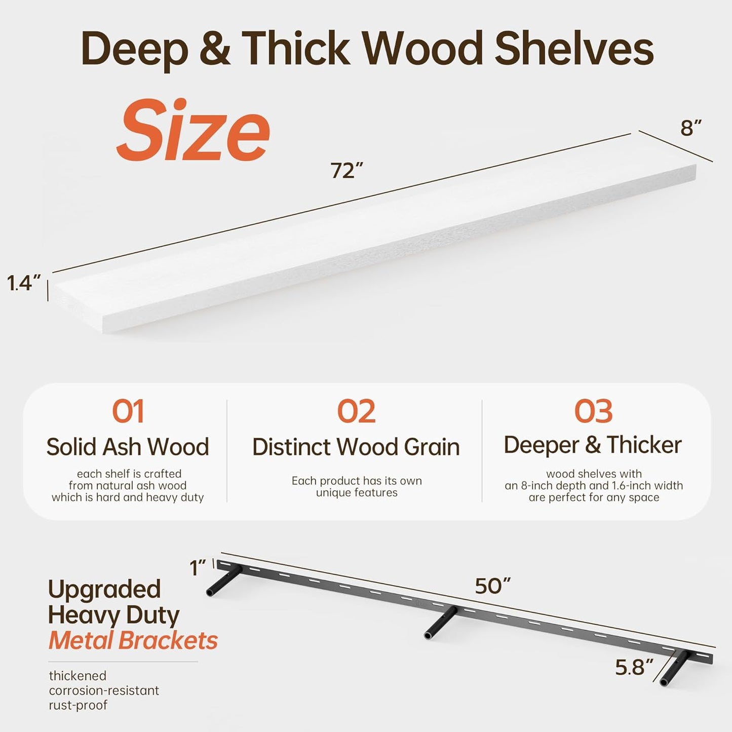 ShelfLoft 72" Wide x 8" Deep Solid Ash Wood Floating Shelves,1 Pack