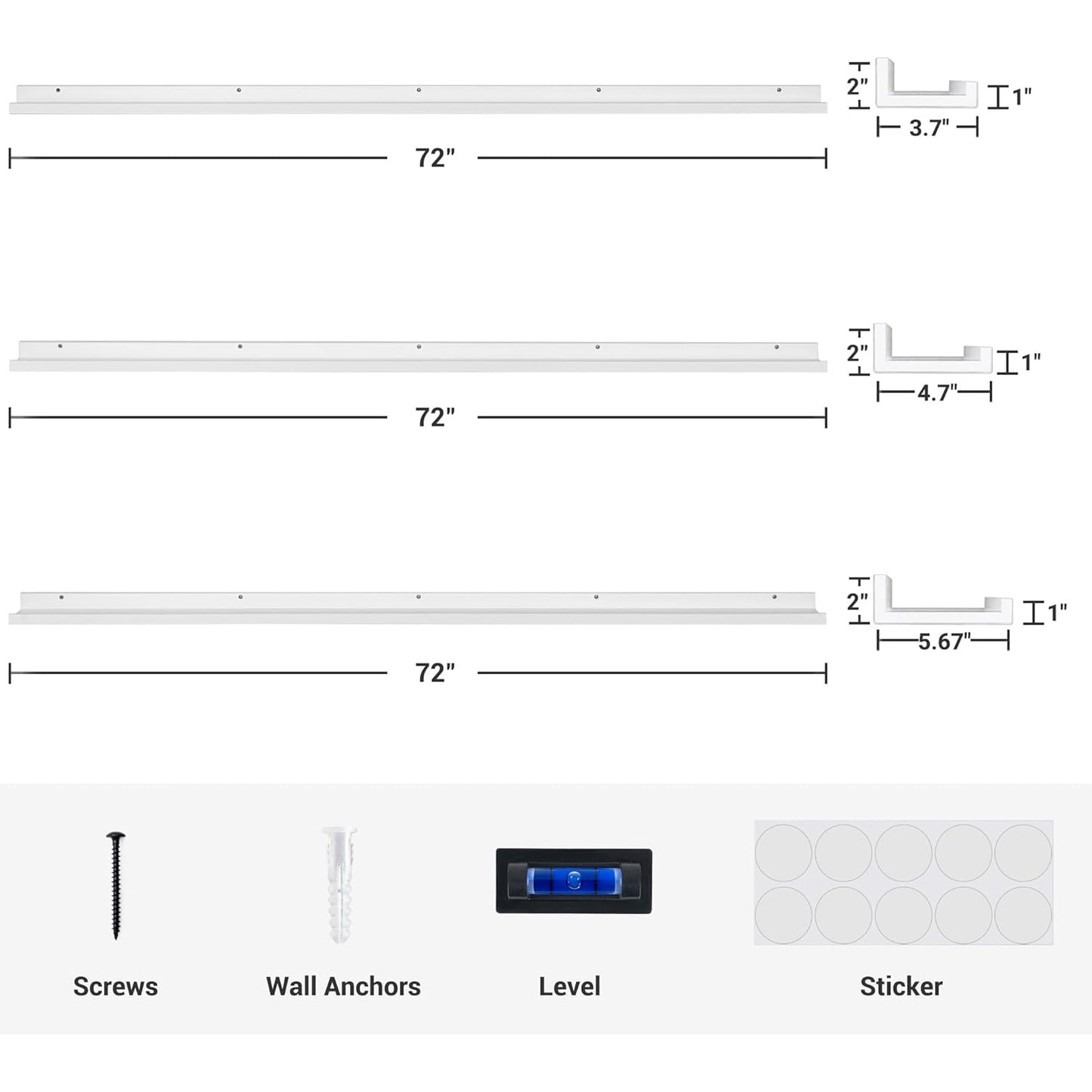 ShelfLoft 72" Wide x 5.7" Deep Picture Ledge Shelf Floating Shelves with Lip Set of 3