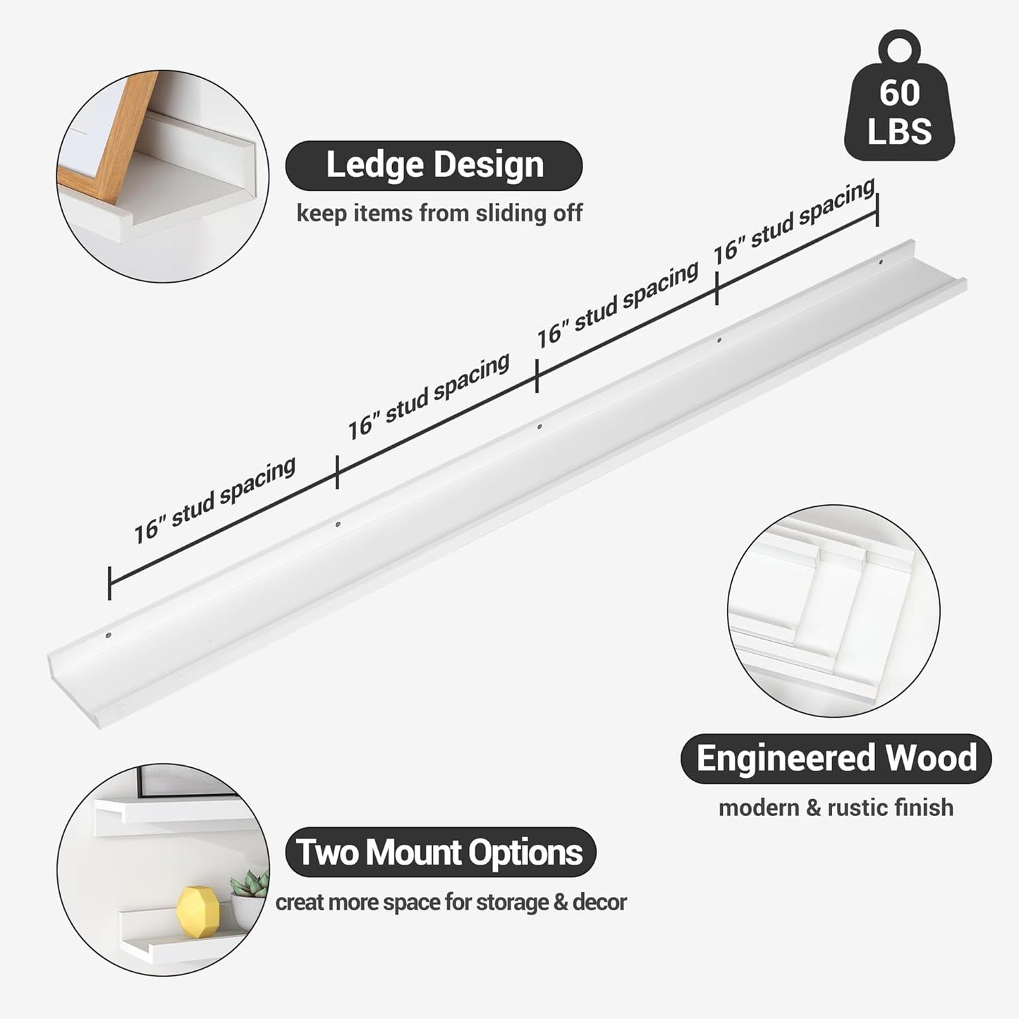 ShelfLoft 72"W x 5.7"D White Picture Ledge Shelf Floating Shelves with Lip Set of 3