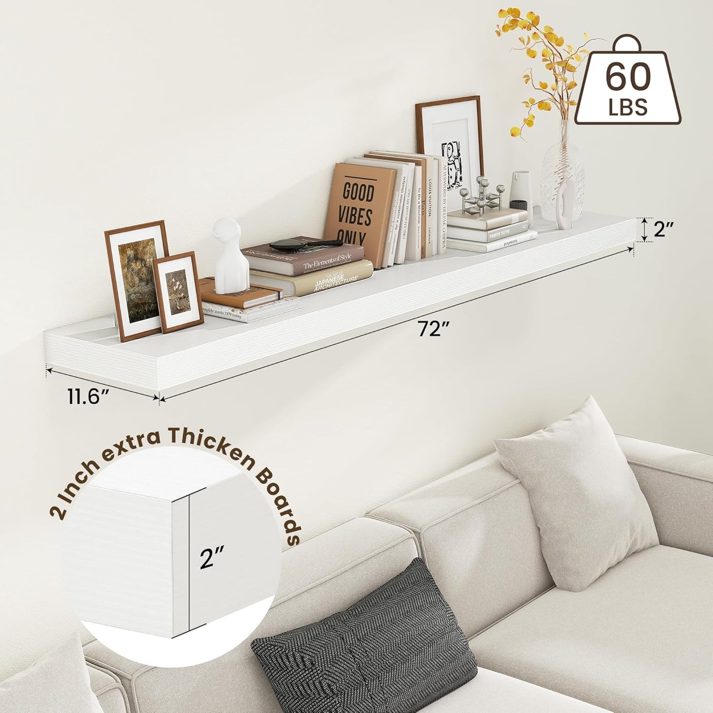 ShelfLoft 11.6"D x 2"H White Floating Shelves for Wall Storage