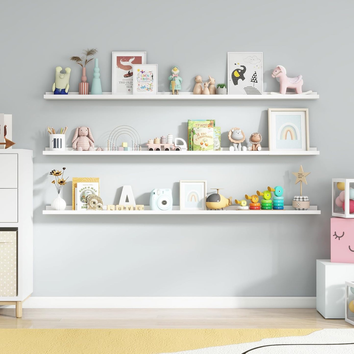 ShelfLoft 72"W x 5.7"D White Picture Ledge Shelf Floating Shelves with Lip Set of 3