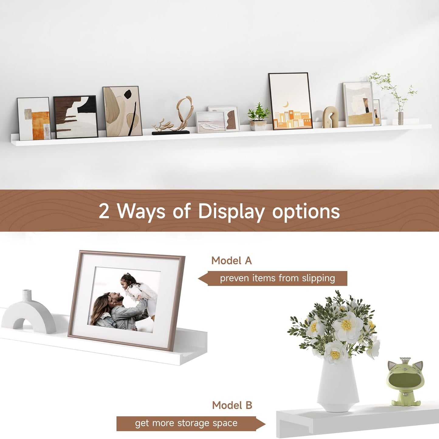 ShelfLoft 84“W x 3.5”D White Picture Ledge Shelf Wall Display Long Floating Shelves, 2 Pack