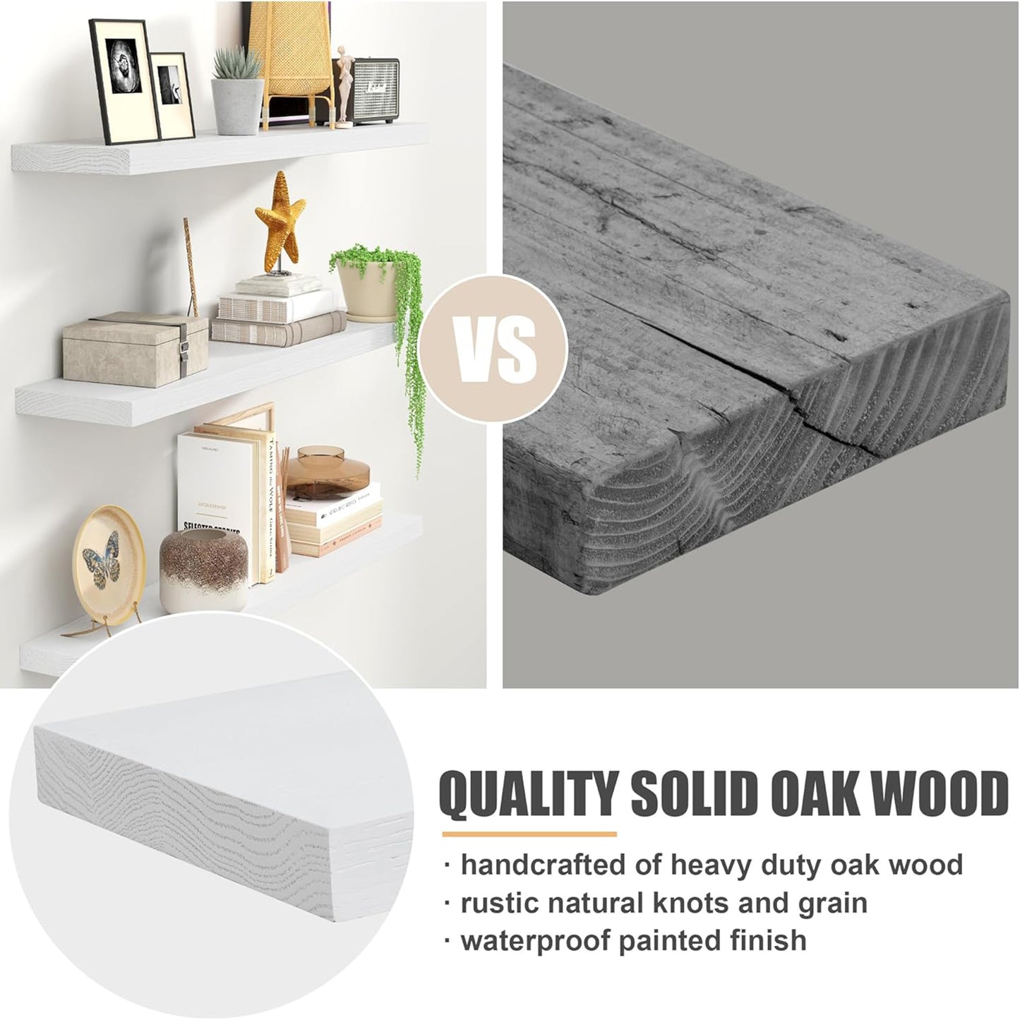 ShelfLoft 36" Wide x 8" Deep 77lbs Solid Oak Wood Floating Shelves Wall Mounted Display Shelf,White Finish-2 Pack