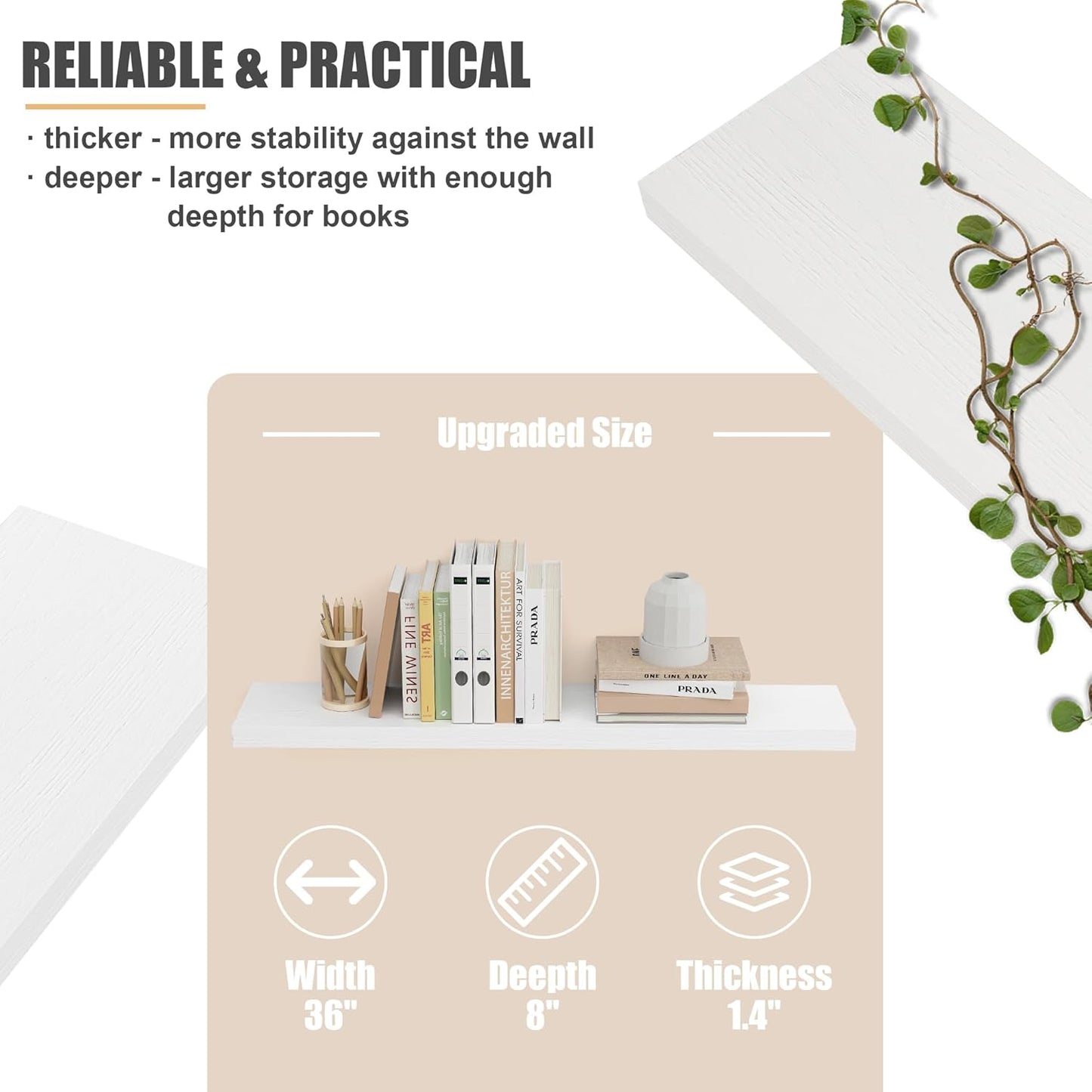 ShelfLoft 36" Wide x 8" Deep 77lbs Solid Oak Wood Floating Shelves Wall Mounted Display Shelf,White Finish-2 Pack