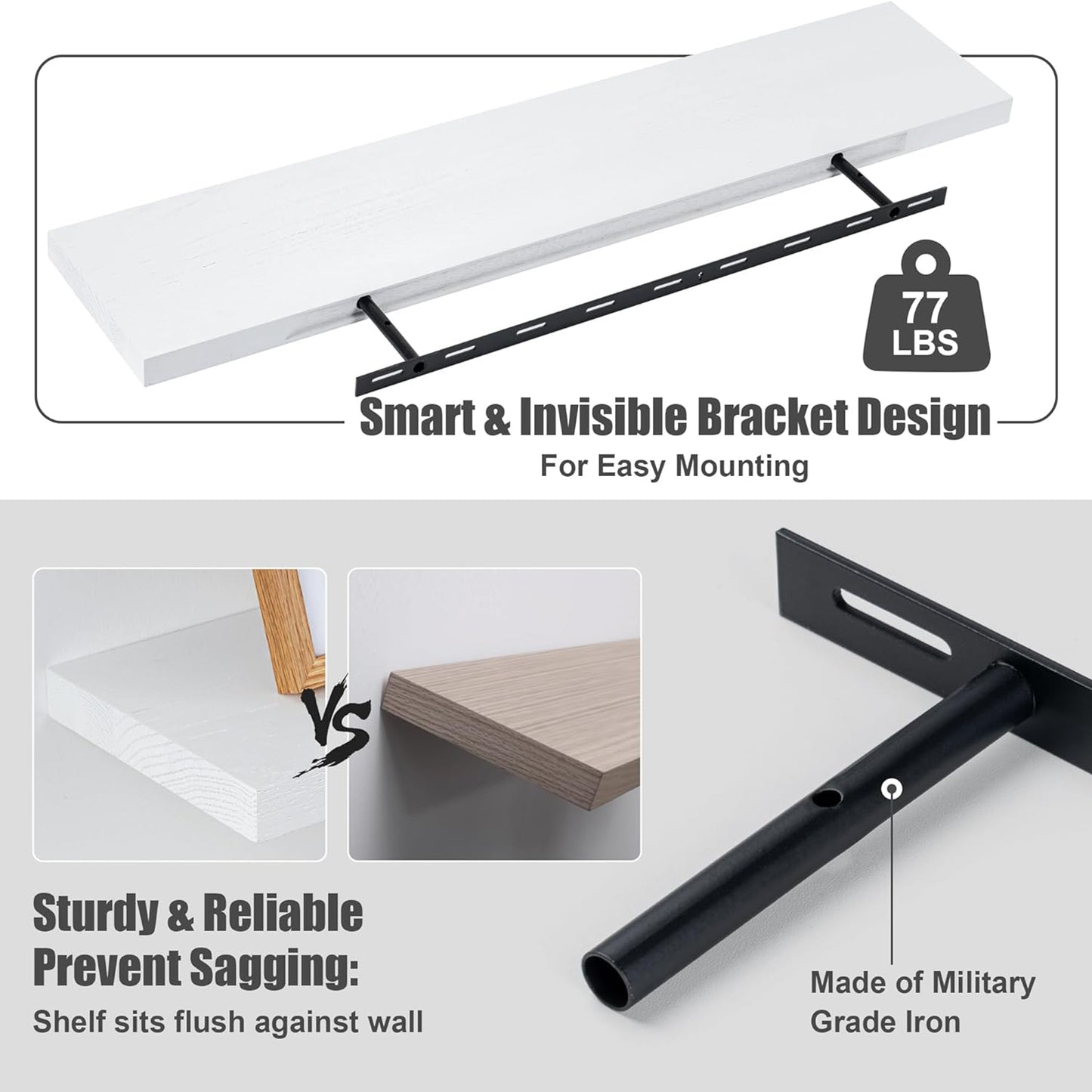 ShelfLoft 36" Wide x 8" Deep 77lbs Solid Oak Wood Floating Shelves Wall Mounted Display Shelf,White Finish-2 Pack