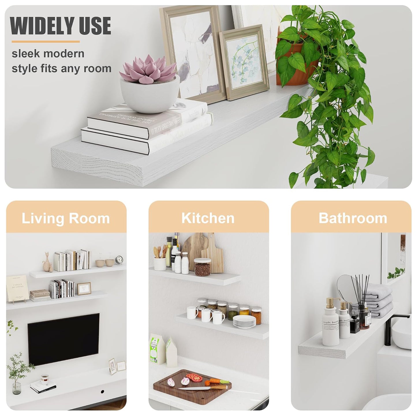 ShelfLoft 36" Wide x 8" Deep 77lbs Solid Oak Wood Floating Shelves Wall Mounted Display Shelf,White Finish-2 Pack