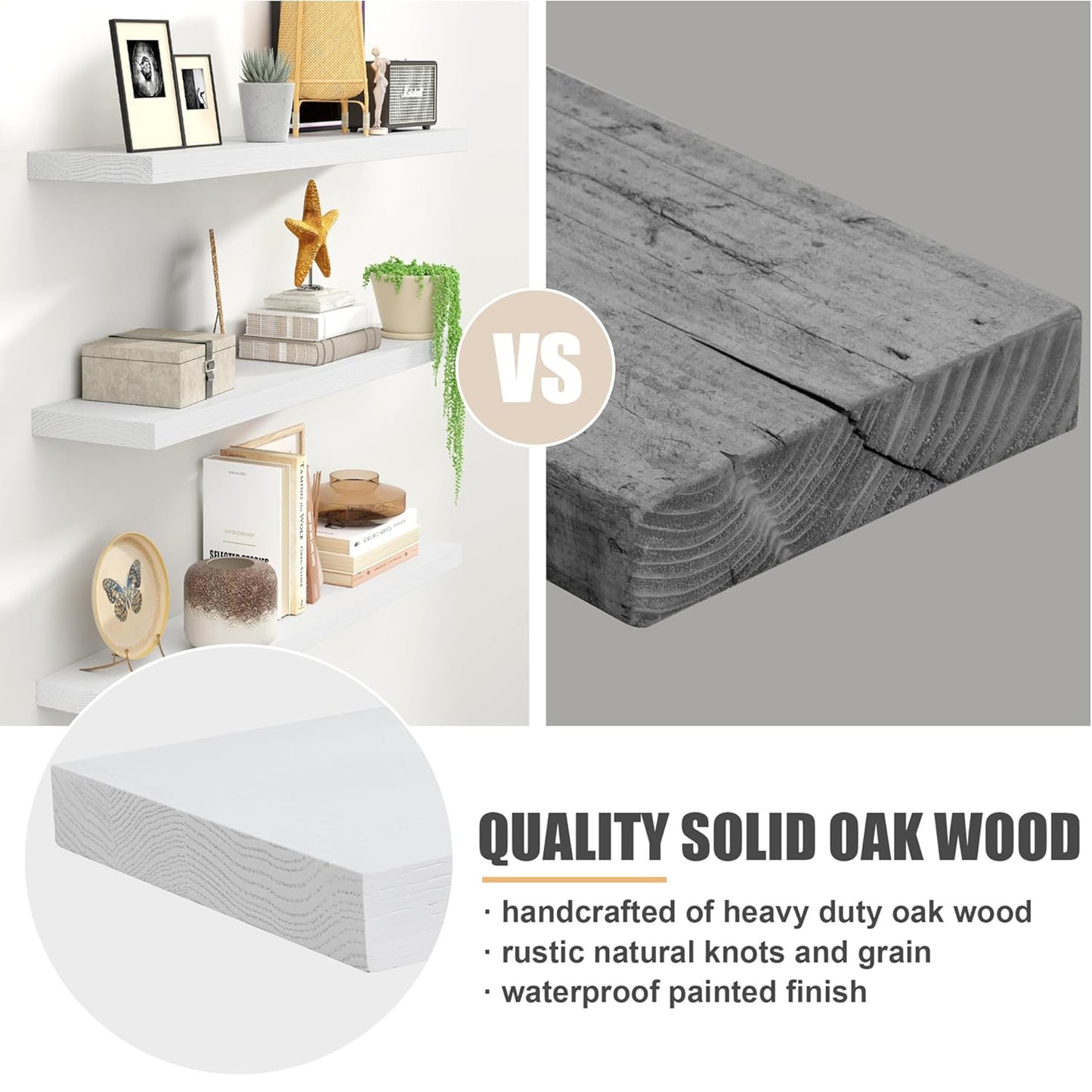 ShelfLoft 48" Wide x 8" Deep 88lbs Solid Oak Wood Floating Shelves Wall Mounted Display Shelf, 2 Pack