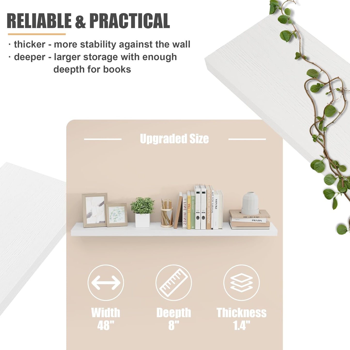 ShelfLoft 48" Wide x 8" Deep 88lbs Solid Oak Wood Floating Shelves Wall Mounted Display Shelf,White Finish-1 Pack