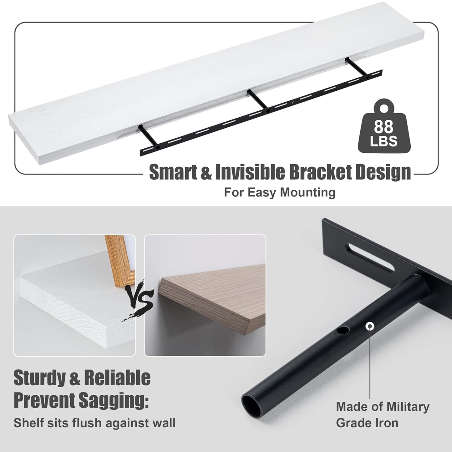 ShelfLoft 48" Wide x 8" Deep 88lbs Solid Oak Wood Floating Shelves Wall Mounted Display Shelf,White Finish-1 Pack