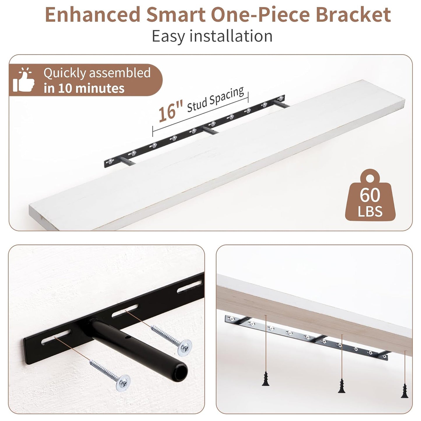 ShelfLoft 55" Wide x 8" Deep Rustic Solid Elm Wood Wall Shelves for Storage, 1 Pack