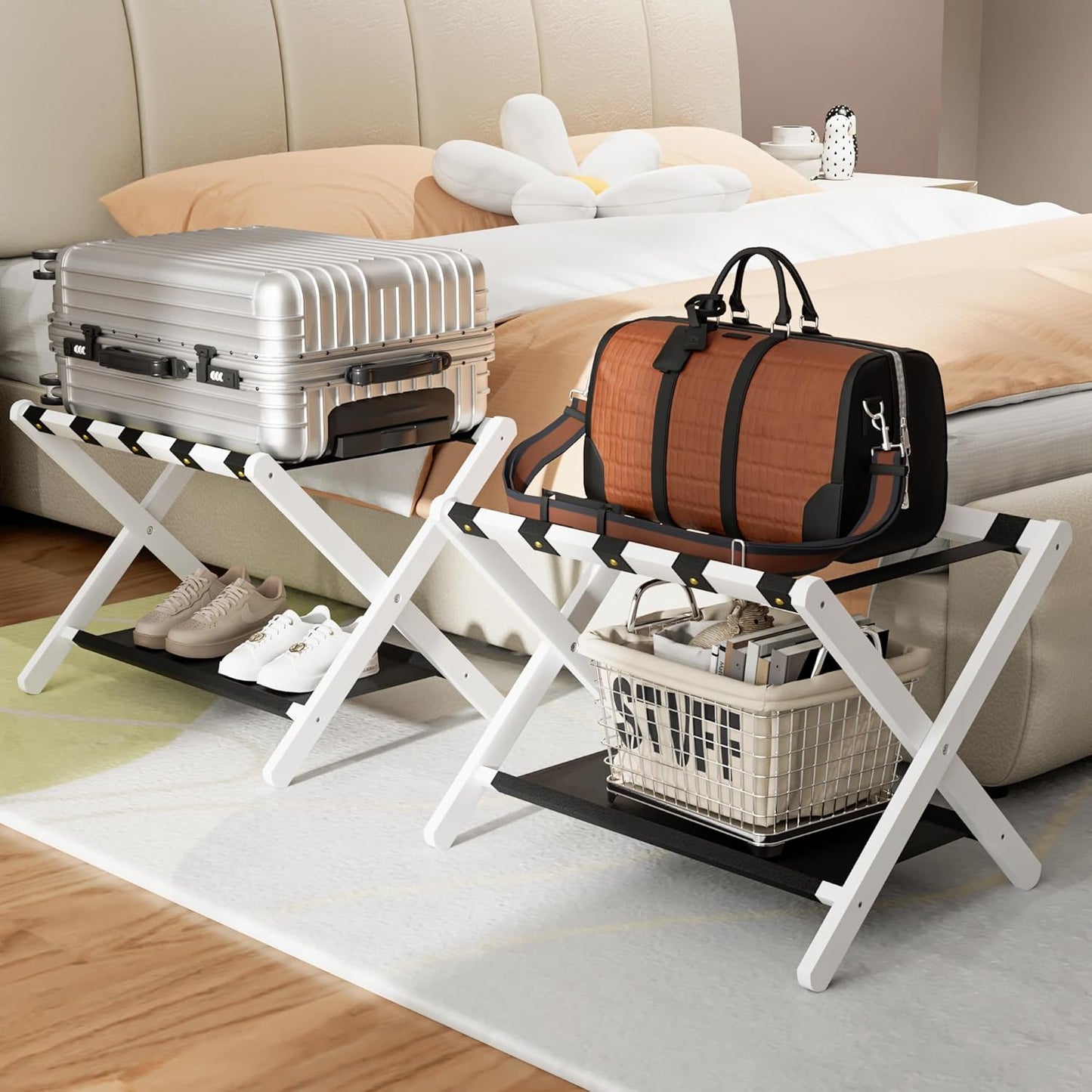 Shelfloft Solid Oak Folding Luggage Rack with Storage Shelf