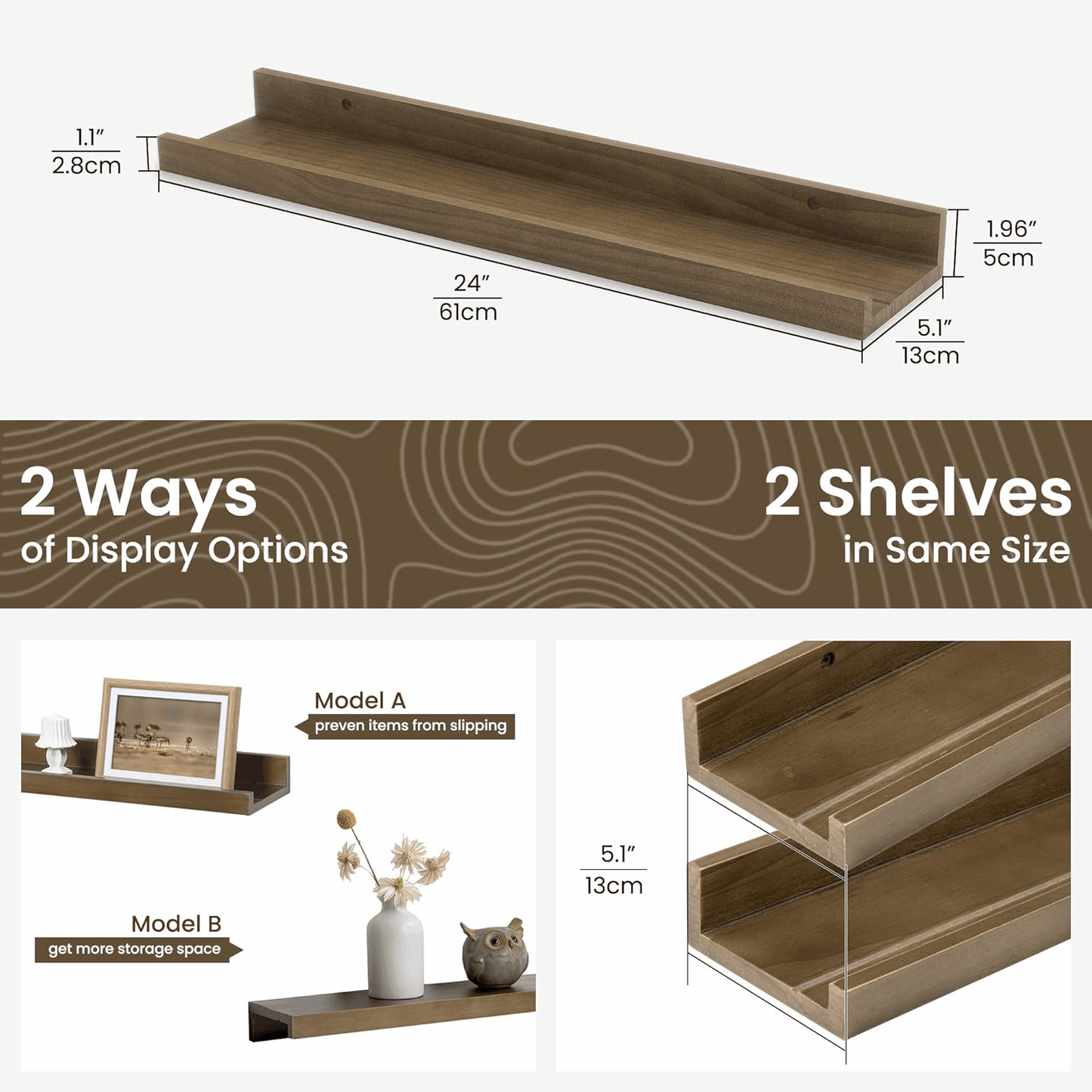 ShelfLoft 5.1 Inch Deep Picture Ledge Shelf Pine Wood Floating Shelves,Set of 2