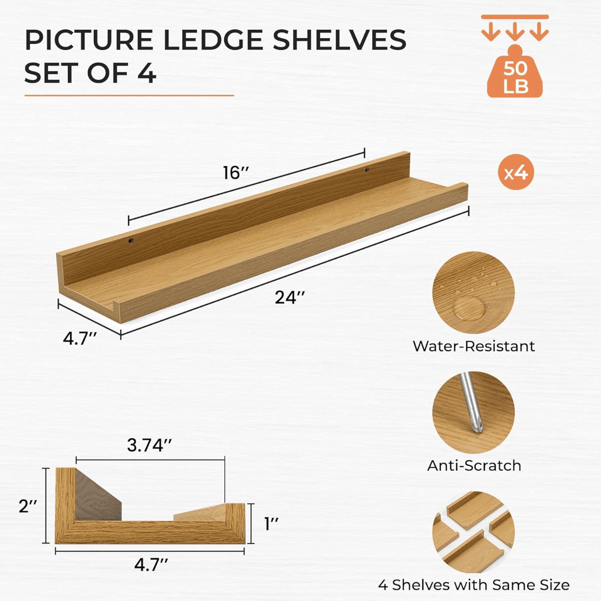 ShelfLoft 4.7 Inch Deep Floating Wall Shelves Picture Ledge Shelf,4 Pack