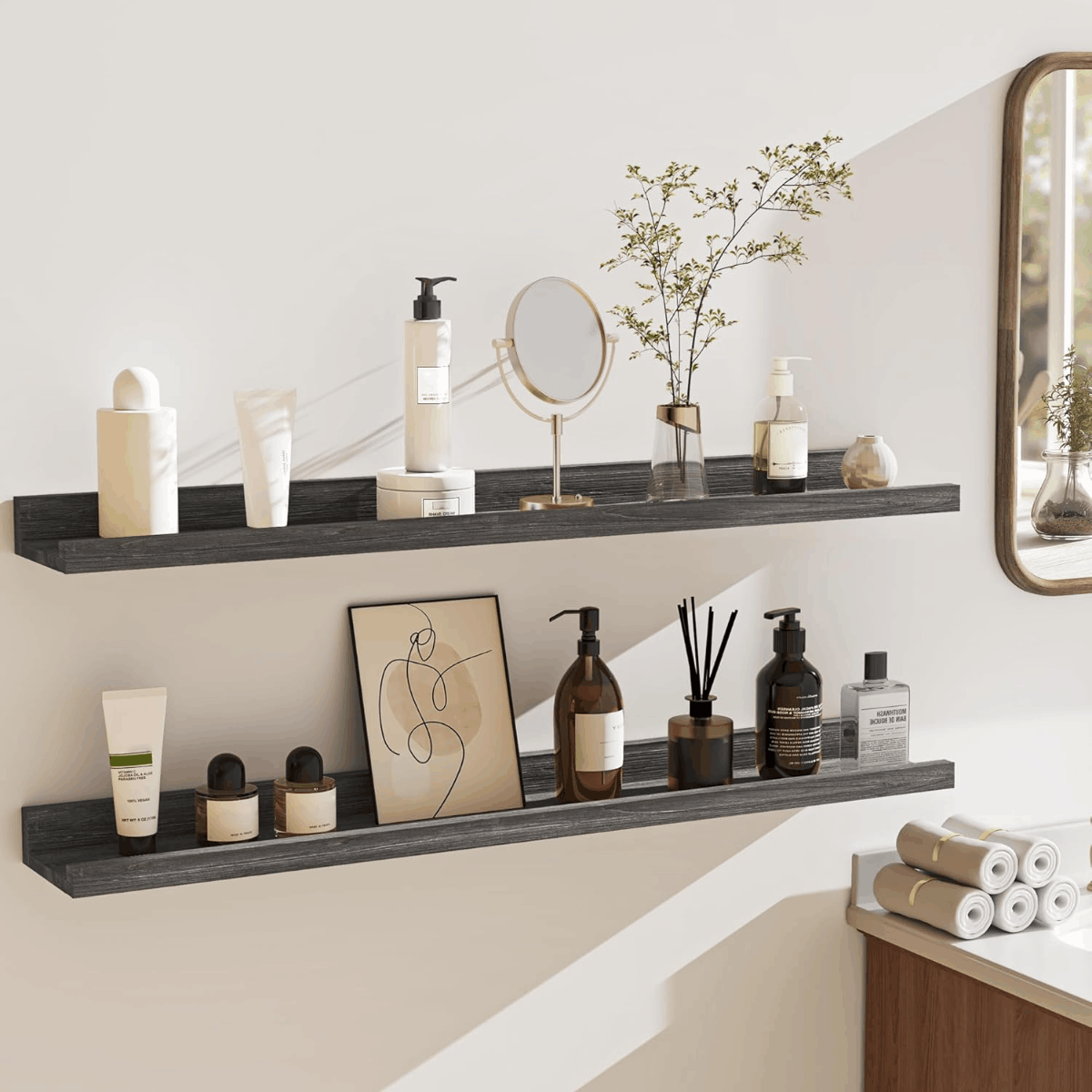 Shelfloft 4.7 Inch Deep Picture Ledge Shelf Rustic Fir Hardwood Floating Wall Shelves with Lip