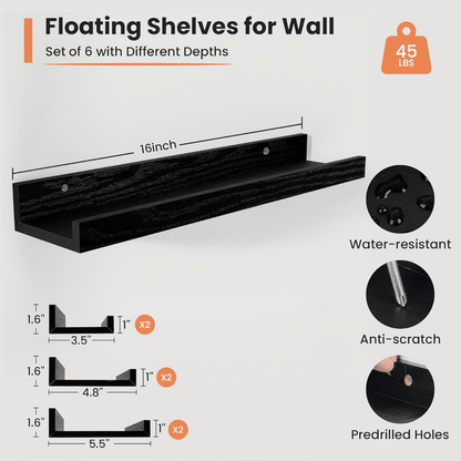 Shelfloft 5.5 Inch Deep Picture Ledge Shelf Floating Wall Display Shelves,Set of 6