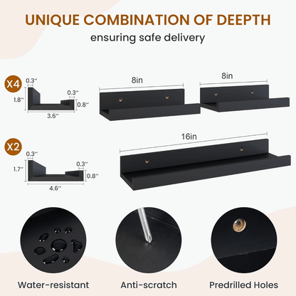 ShelfLoft 5.4 Inch Deep Picture Ledge Shelf Floating Wall Storage Shelves, Set of 6